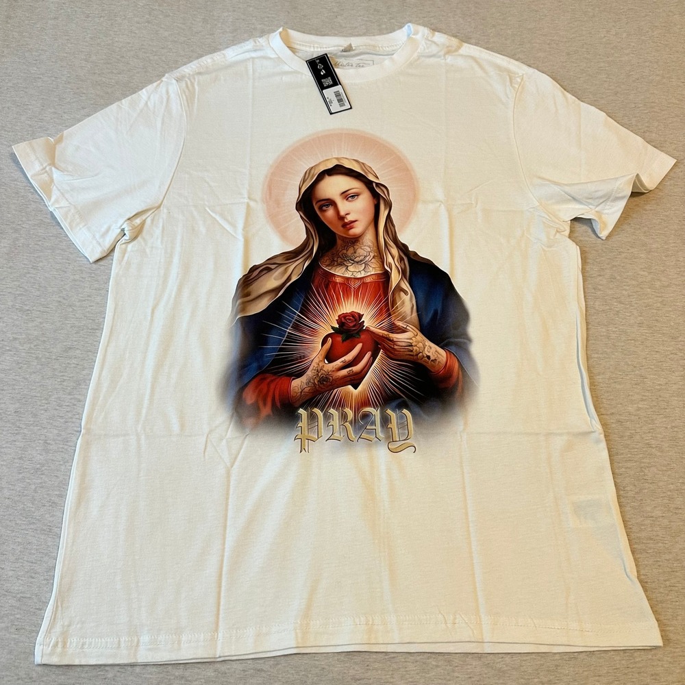 Mister Tee Mens Pray Virgin Mary Tattoo Graphic T-Shirt White Large MT3025-US‎